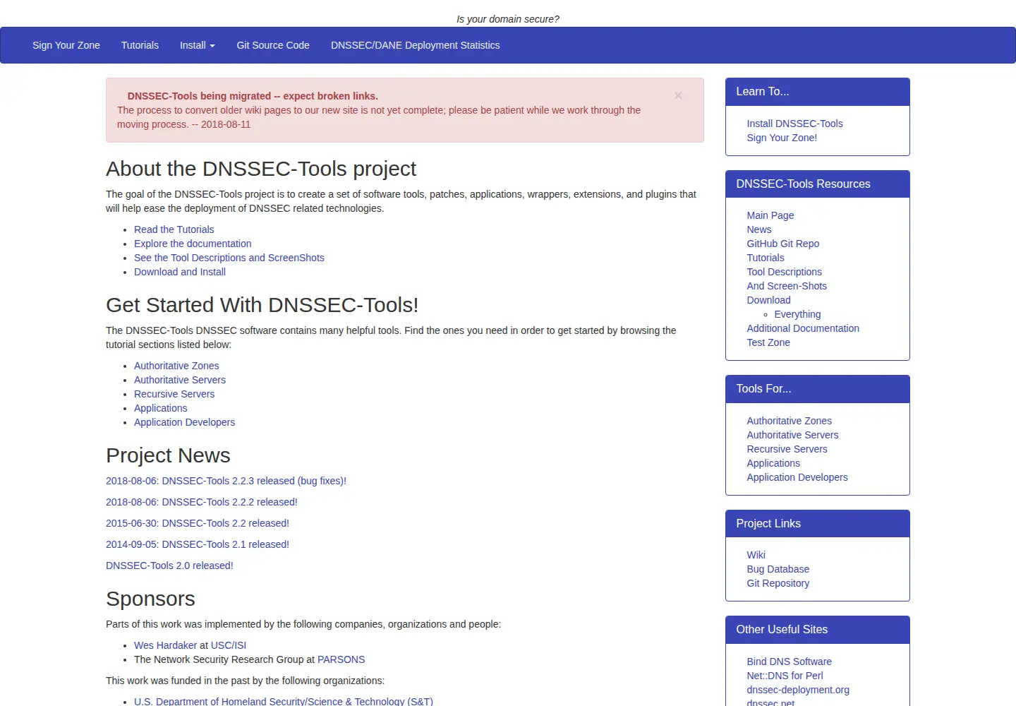 Captured homepage of dnssec-tools.org in the current scan