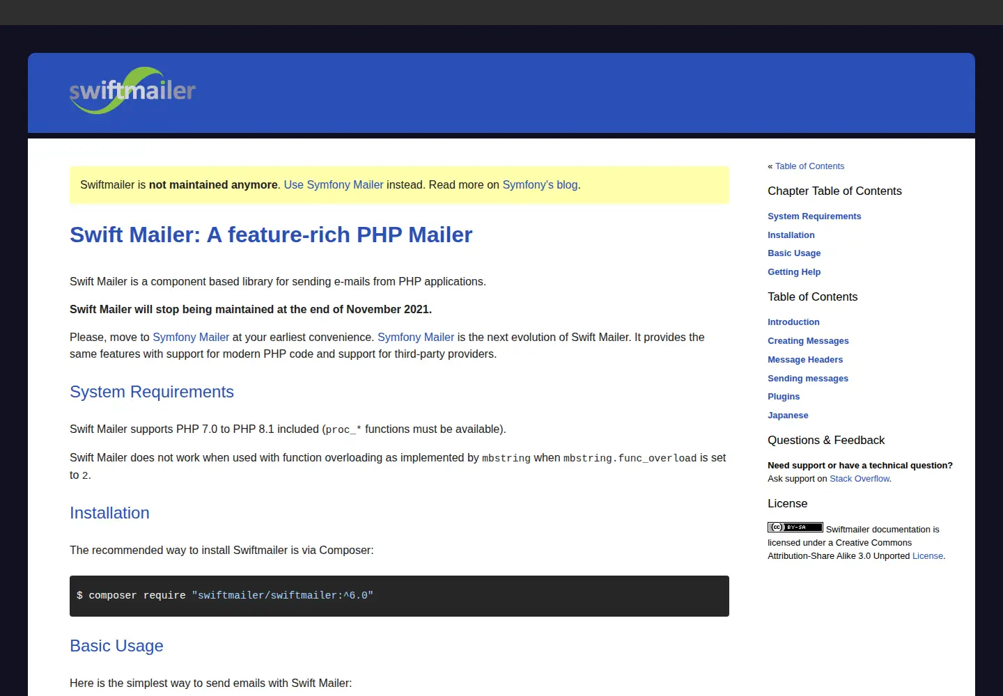 Screenshot of swiftmailer.org