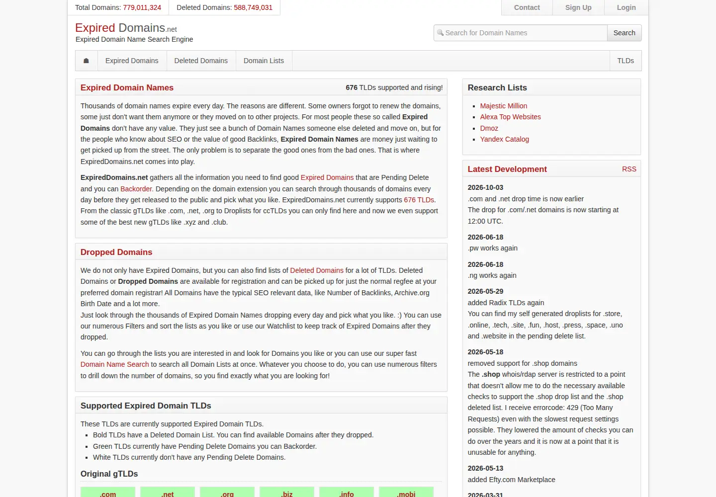Screenshot of expireddomains.net