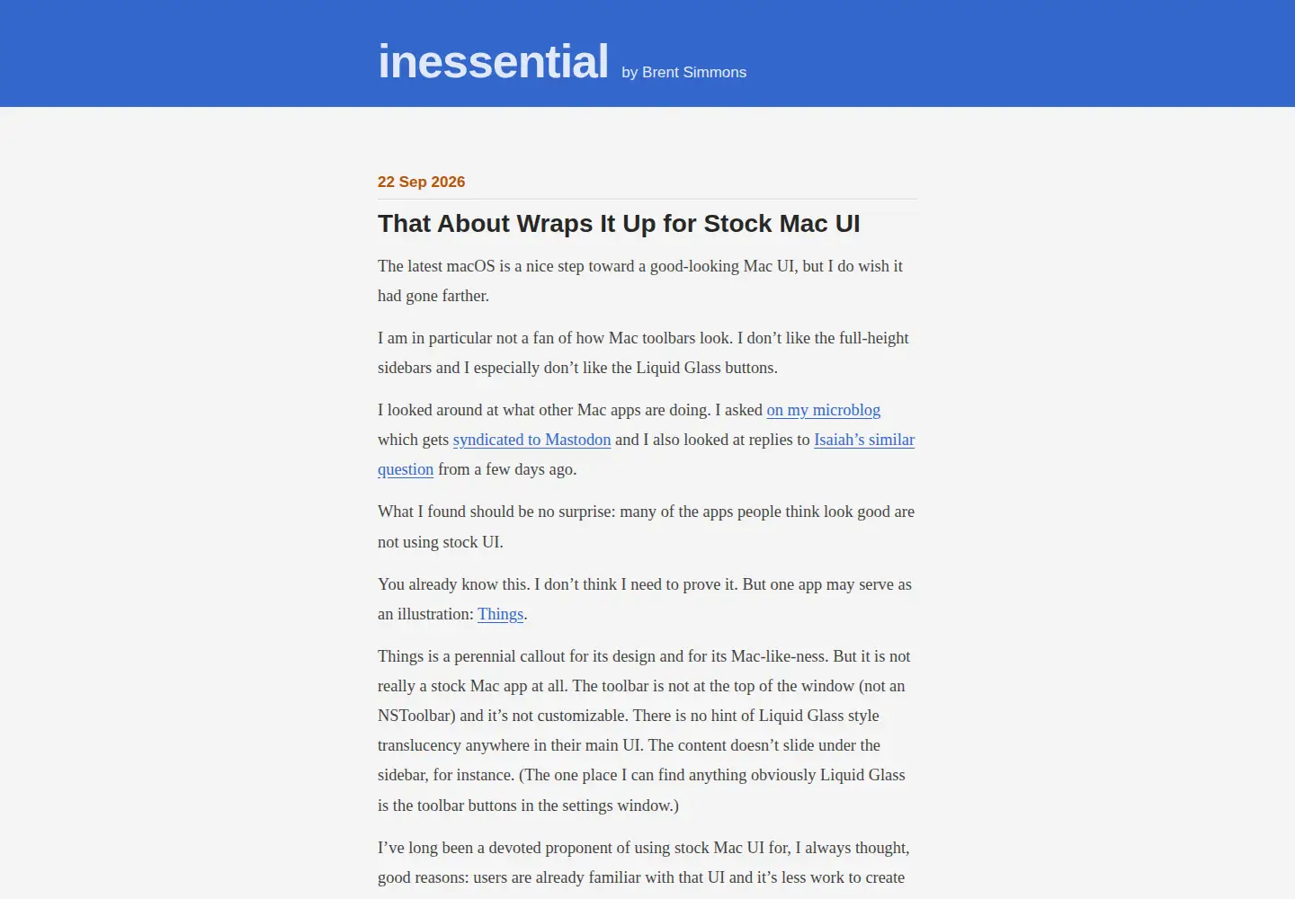 Captured homepage of inessential.com in the current scan