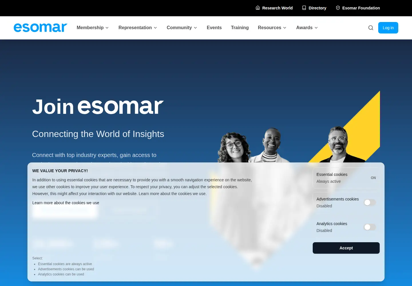 Captured homepage of esomar.org in the current scan