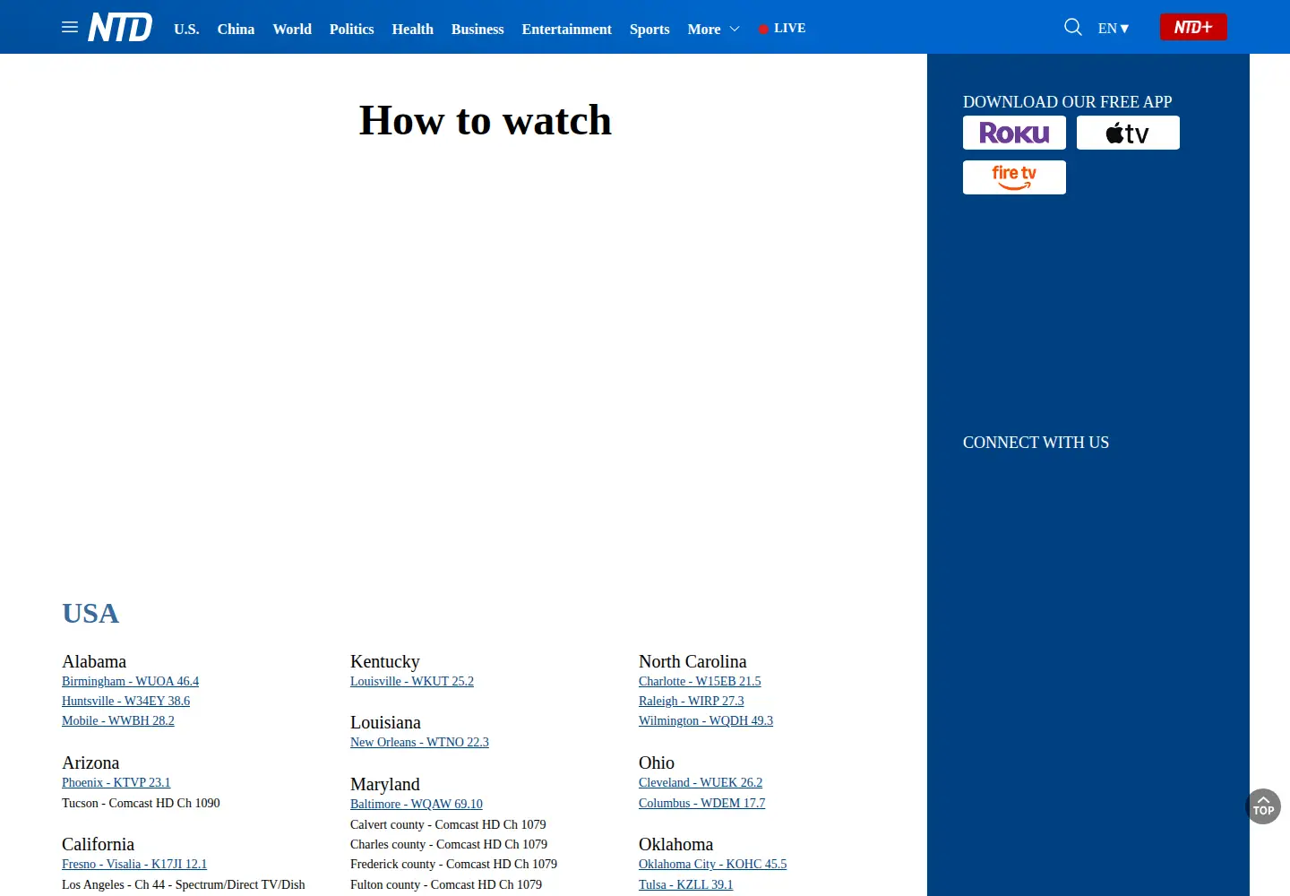 Captured homepage of ntd.tv in the current scan