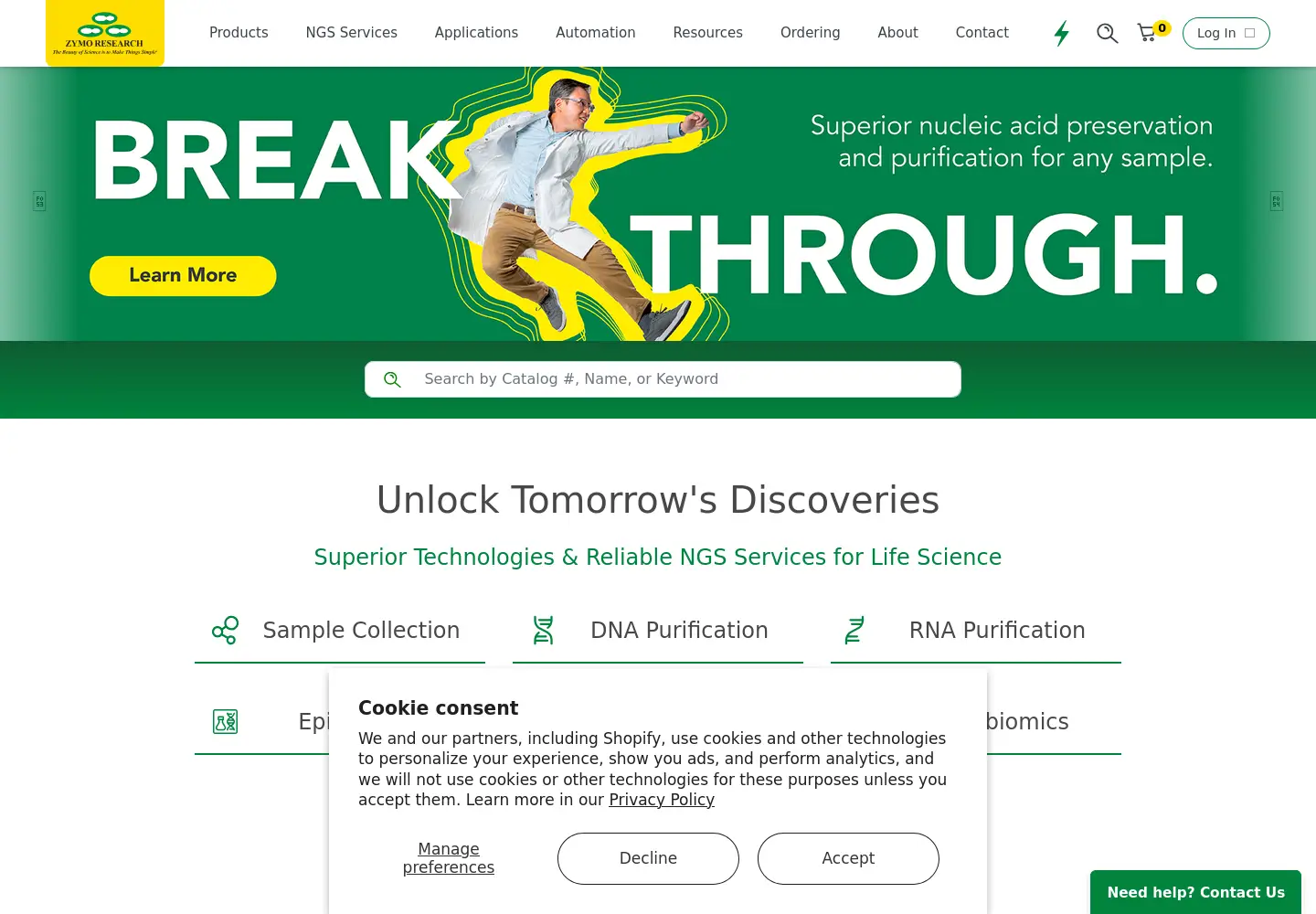 Captured homepage of zymoresearch.com in the current scan