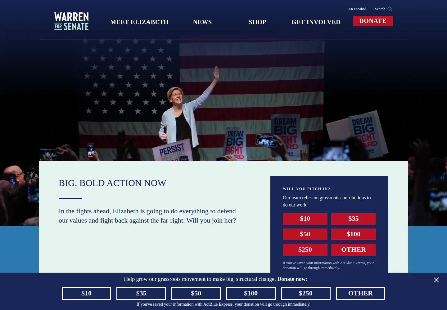 Screenshot of elizabethwarren.com