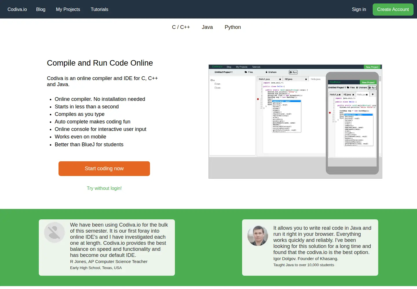 Captured homepage of codiva.io in the current scan