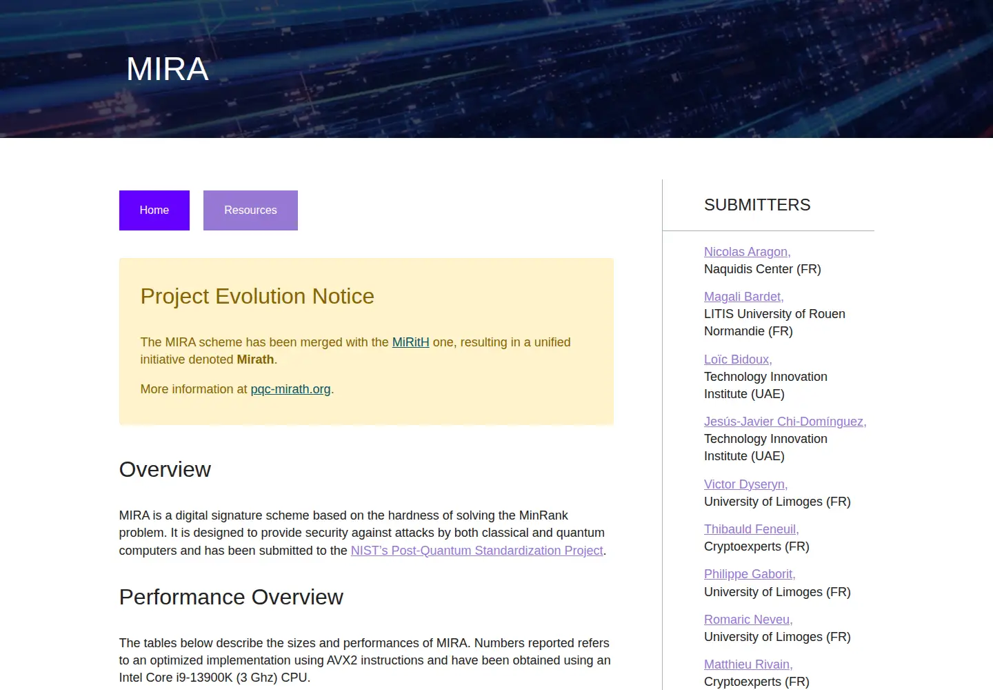 Captured homepage of pqc-mira.org in the current scan
