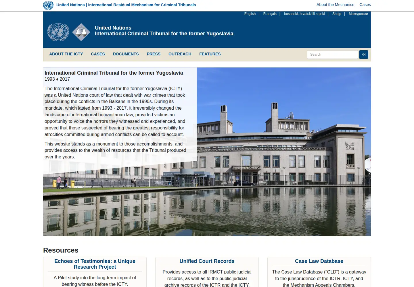 Captured homepage of icty.org in the current scan