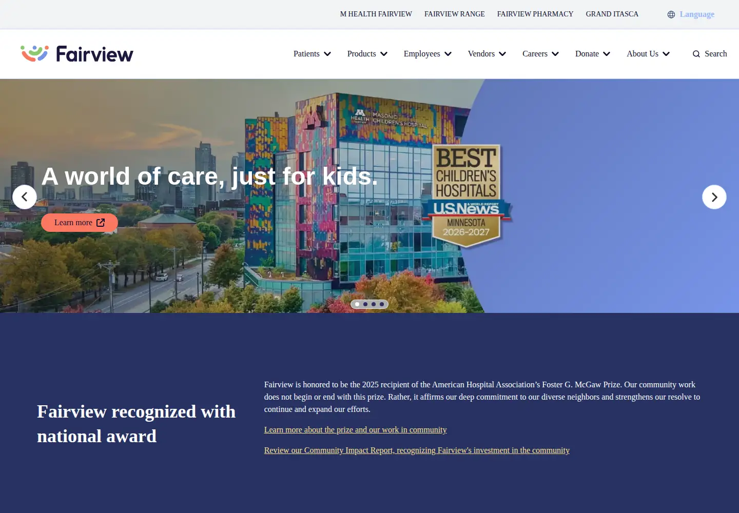 Captured homepage of fairview.org in the current scan