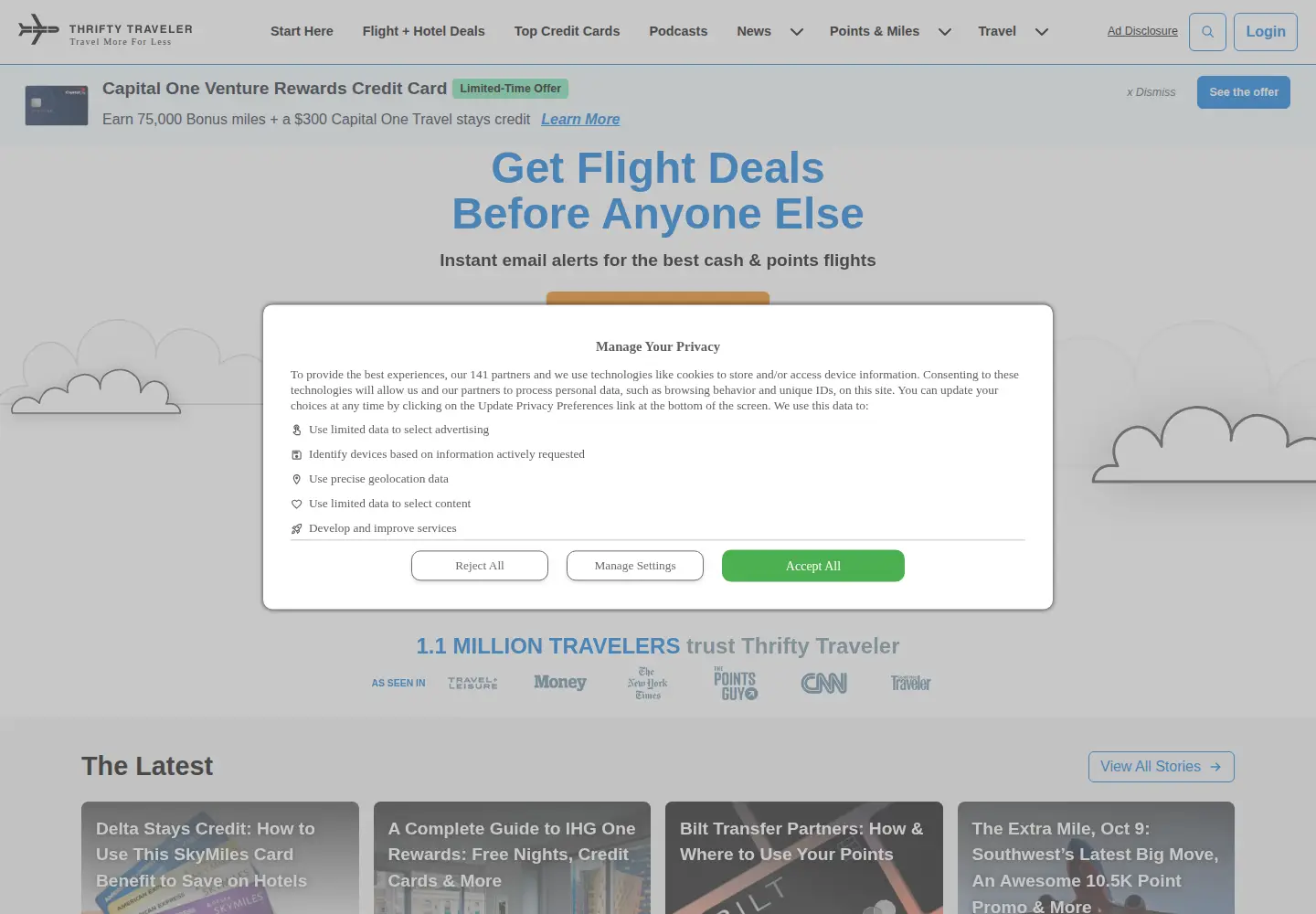 Screenshot of thriftytraveler.com
