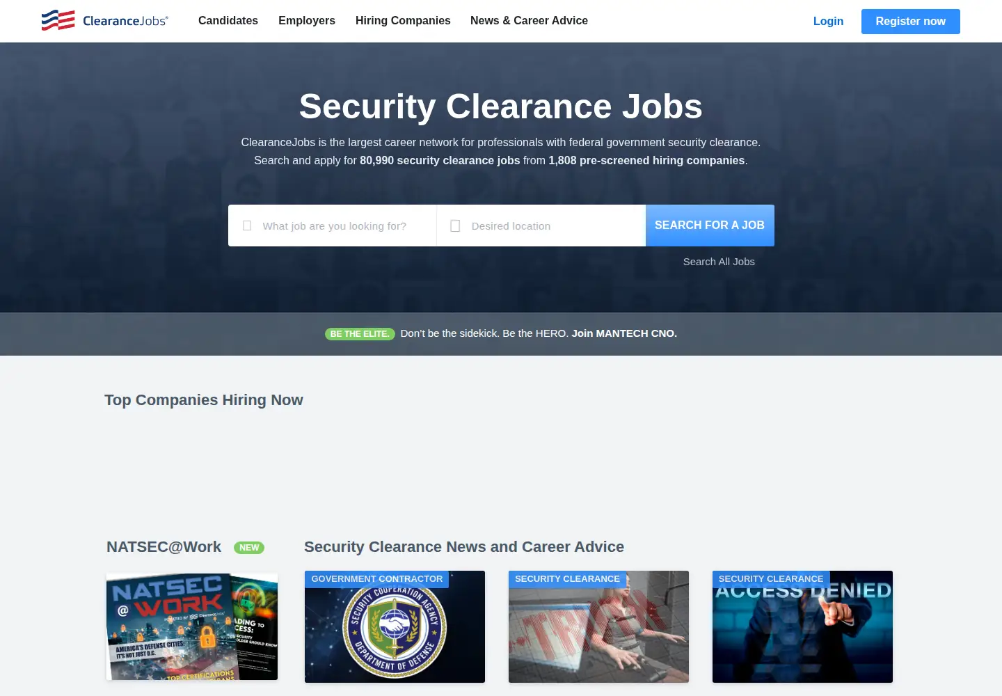Captured homepage of clearancejobs.com in the current scan