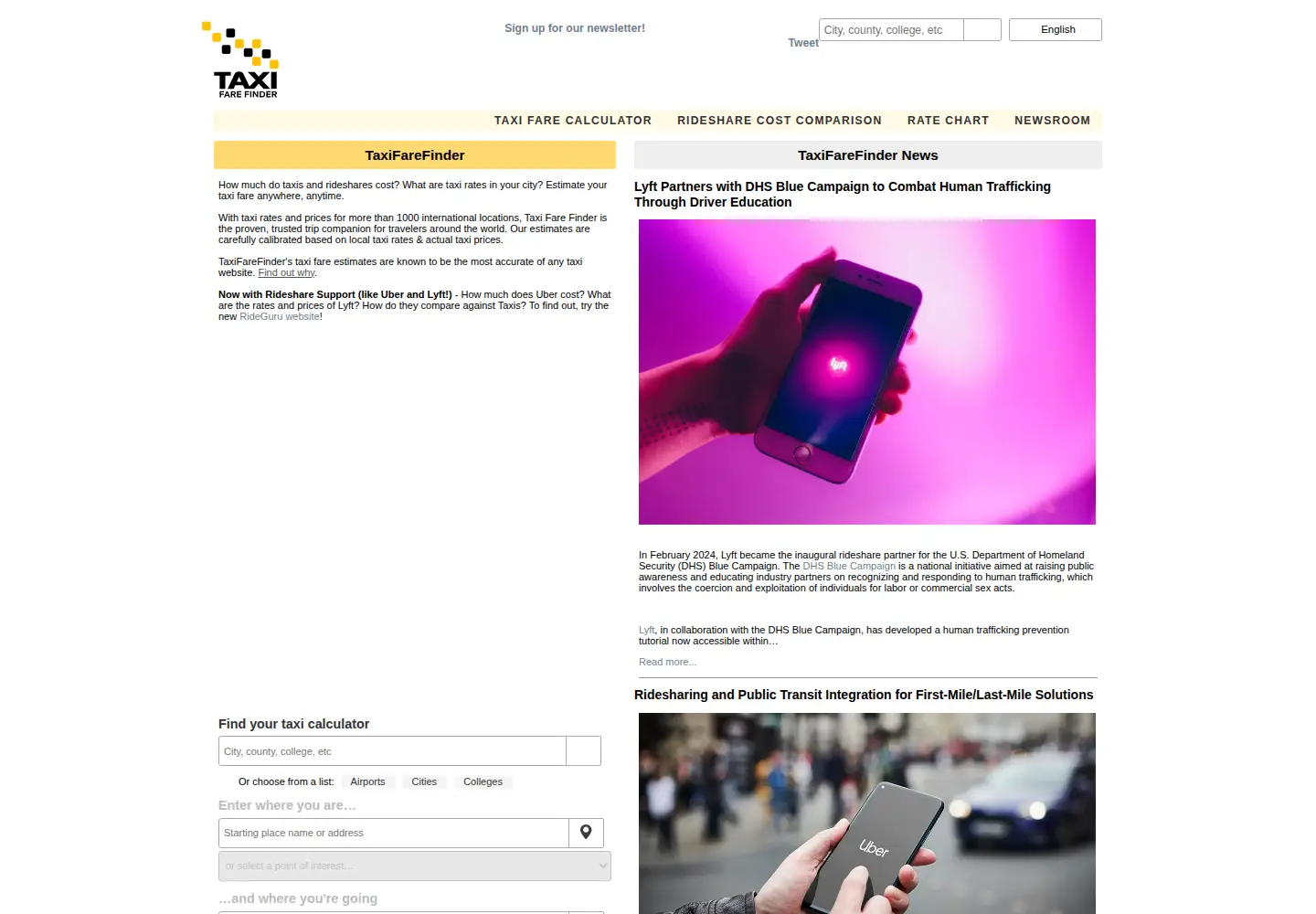 Screenshot of taxifarefinder.com