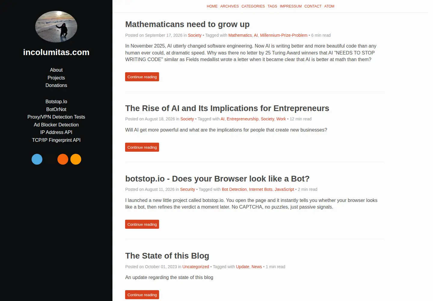 Captured homepage of incolumitas.com in the current scan