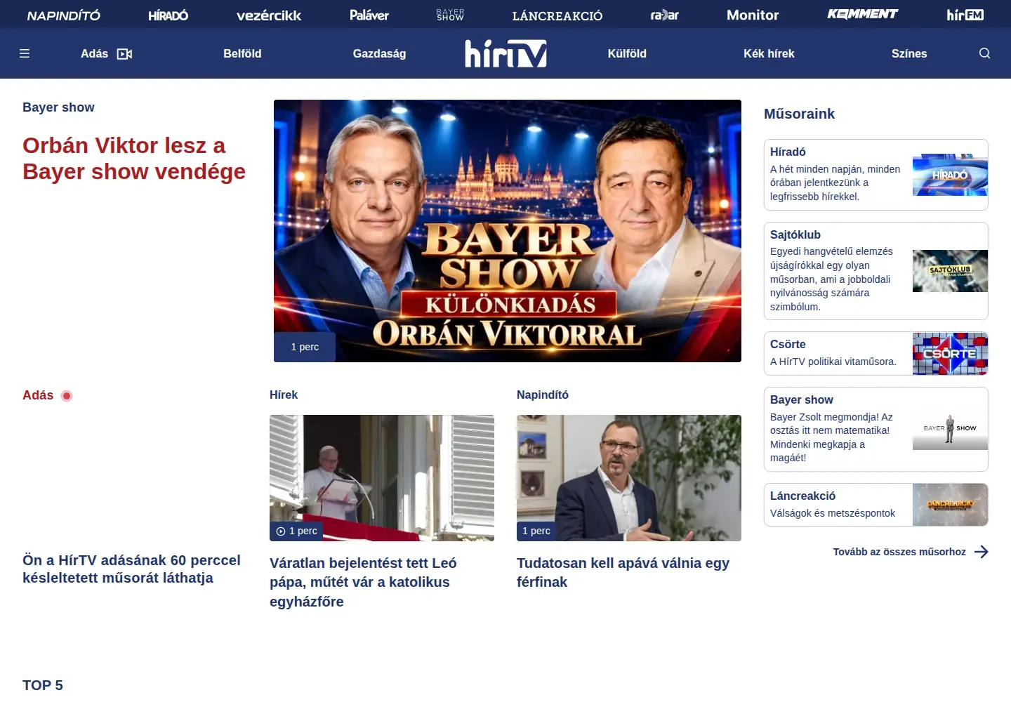 Captured homepage of hirtv.hu in the current scan