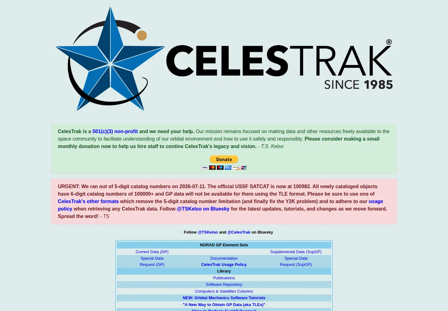 Captured homepage of celestrak.org in the current scan