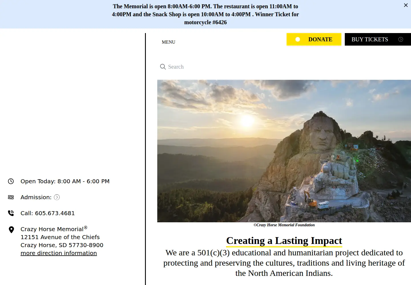 Screenshot of crazyhorsememorial.org