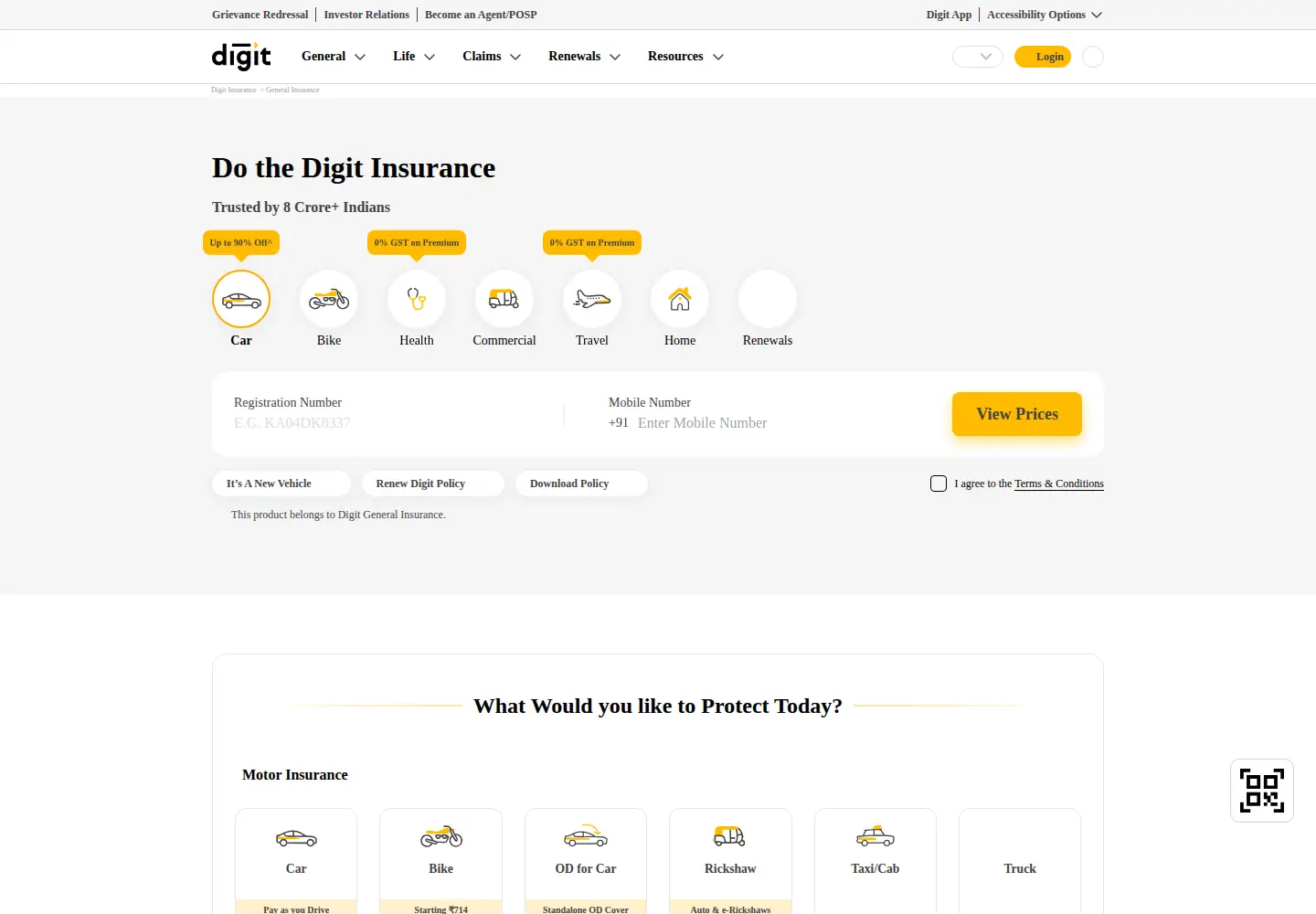 Captured homepage of godigit.com in the current scan