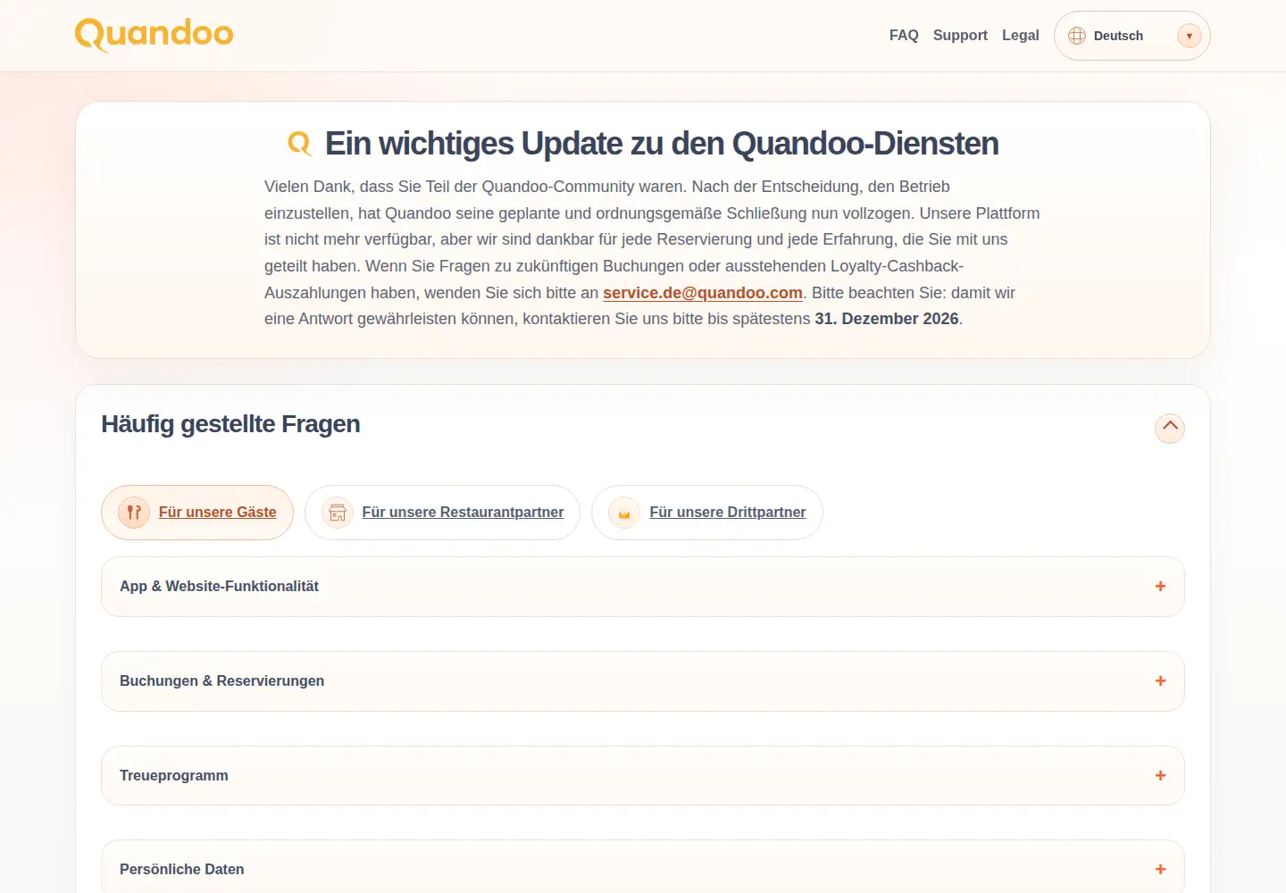 Captured homepage of quandoo.com in the current scan