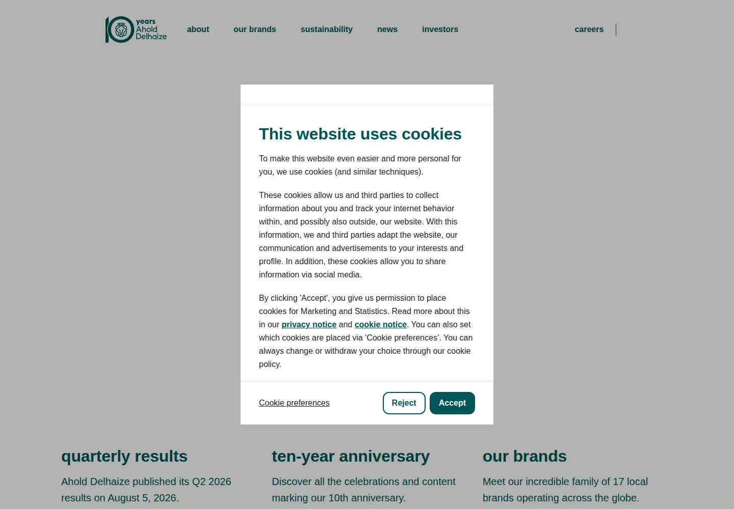 Captured homepage of aholddelhaize.com in the current scan