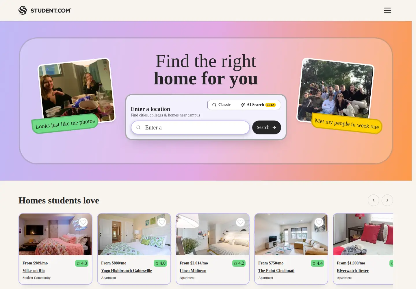 Captured homepage of student.com in the current scan