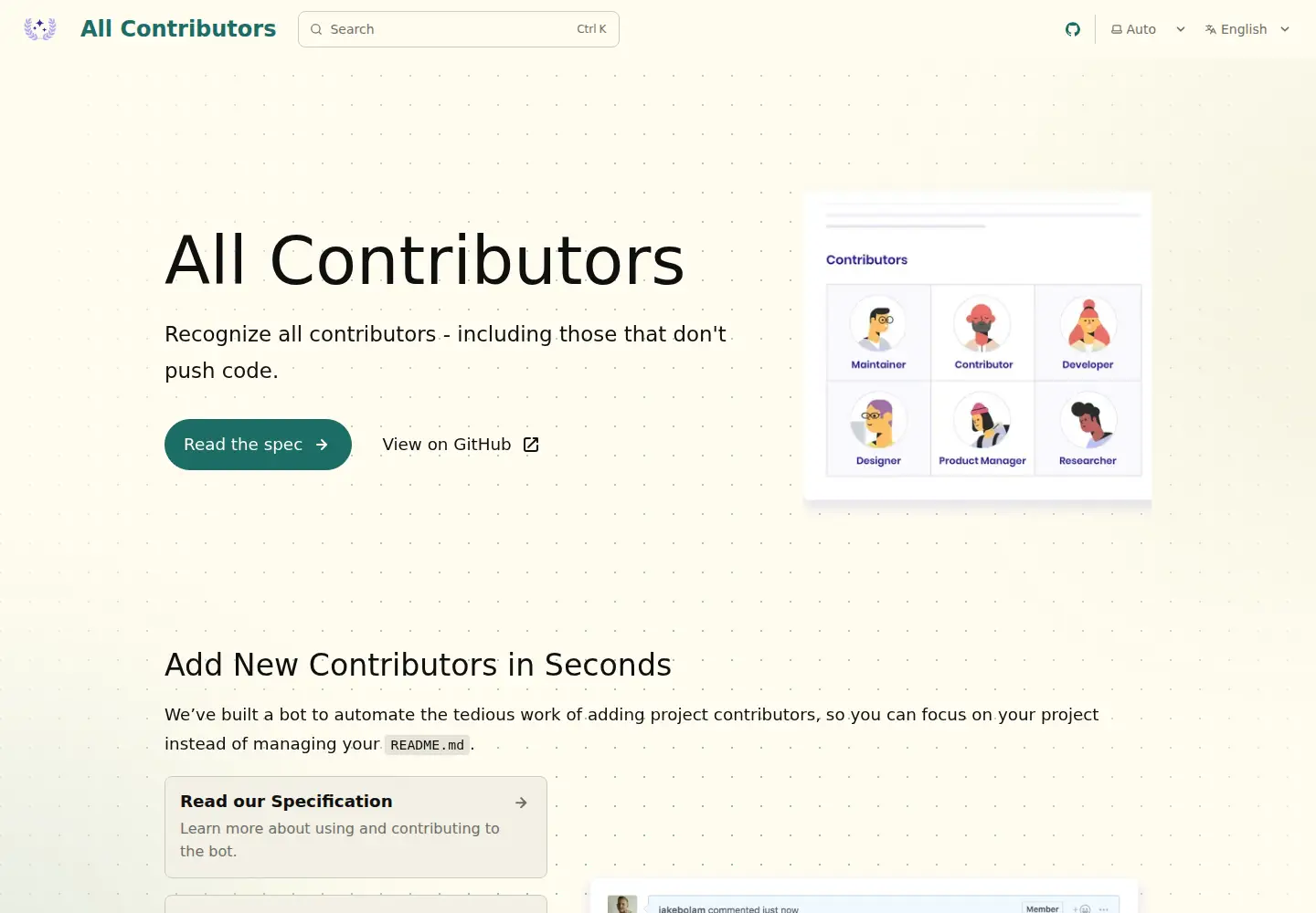 Captured homepage of allcontributors.org in the current scan