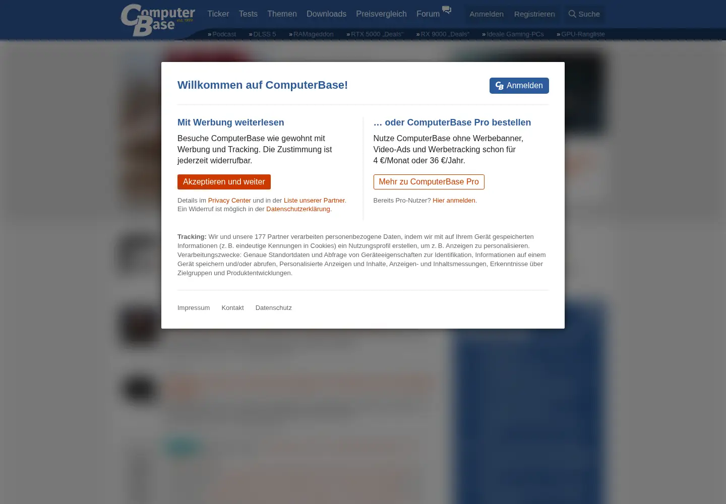 Captured homepage of computerbase.de in the current scan