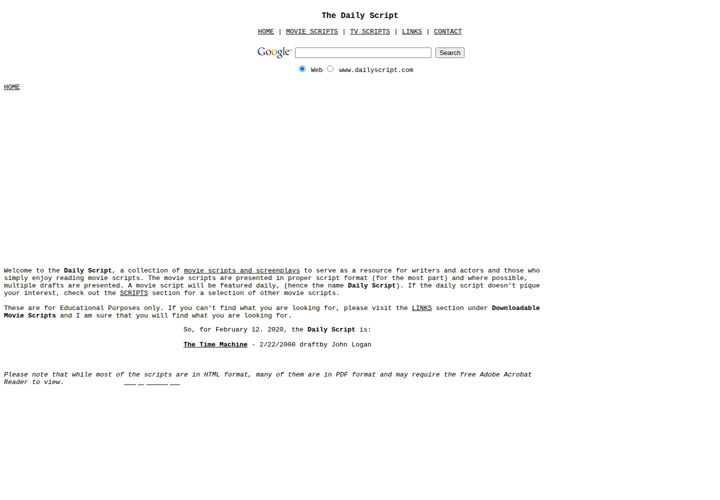 Captured homepage of dailyscript.com in the current scan