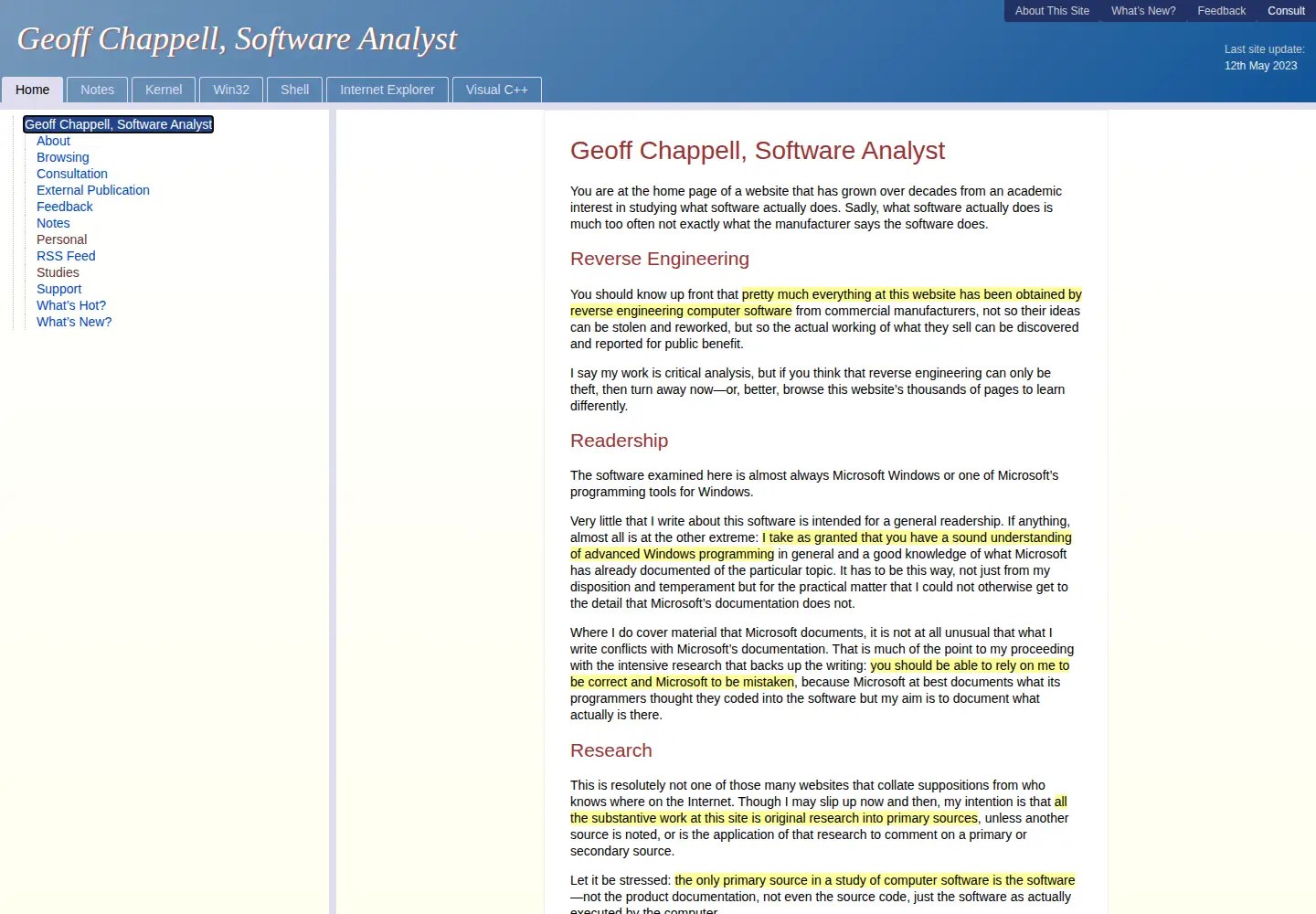 Screenshot of geoffchappell.com