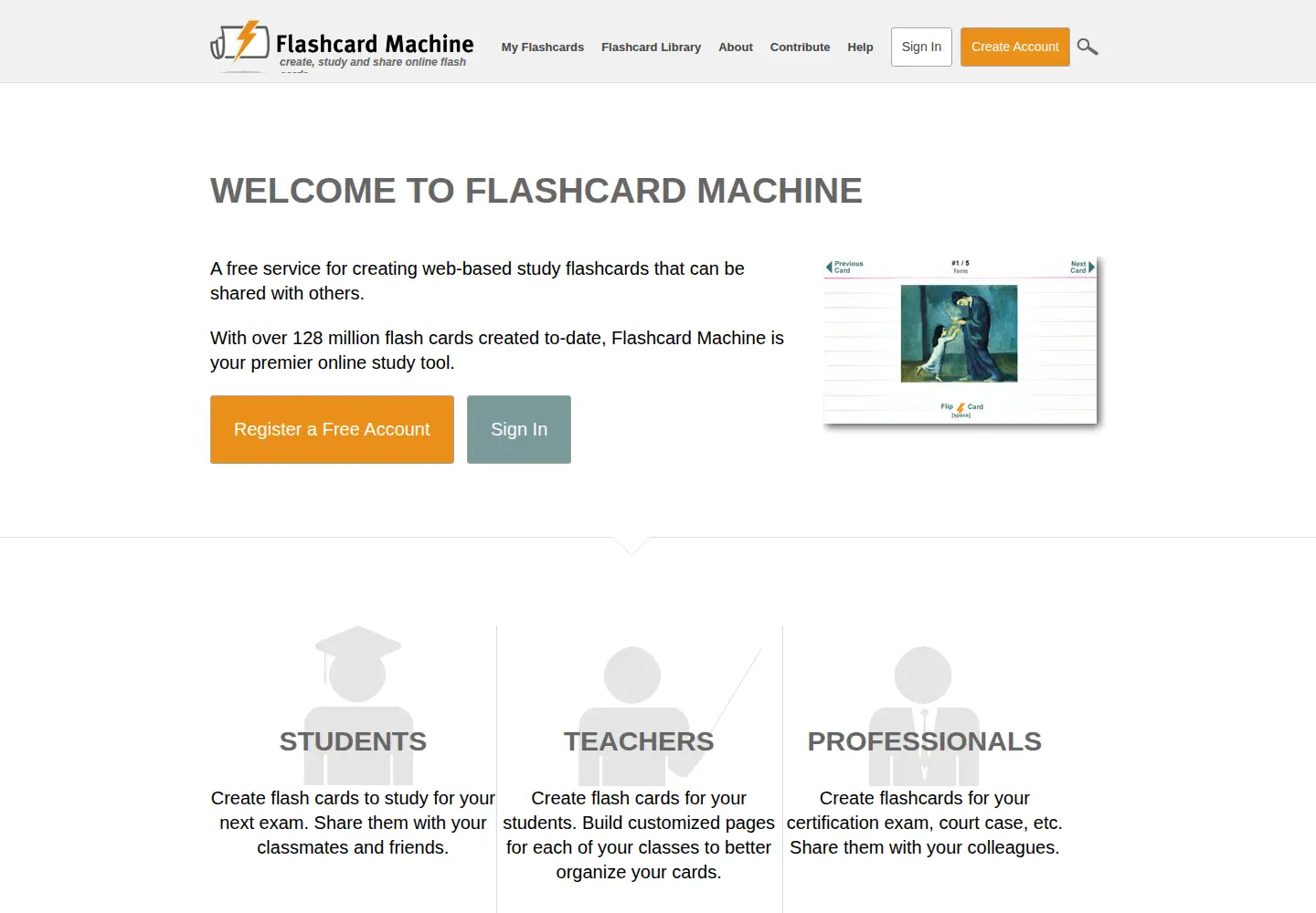 Captured homepage of flashcardmachine.com in the current scan