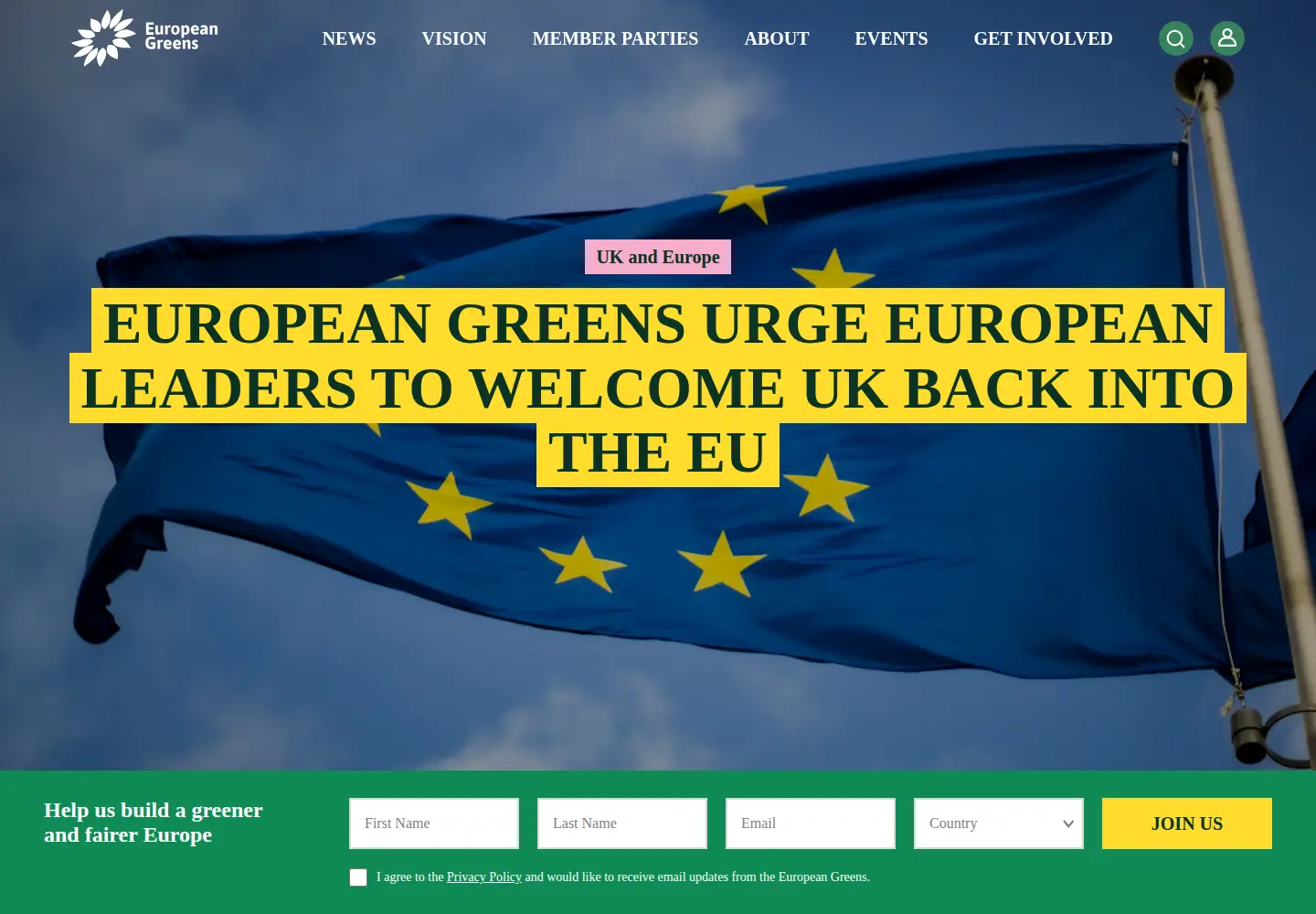 Captured homepage of europeangreens.eu in the current scan