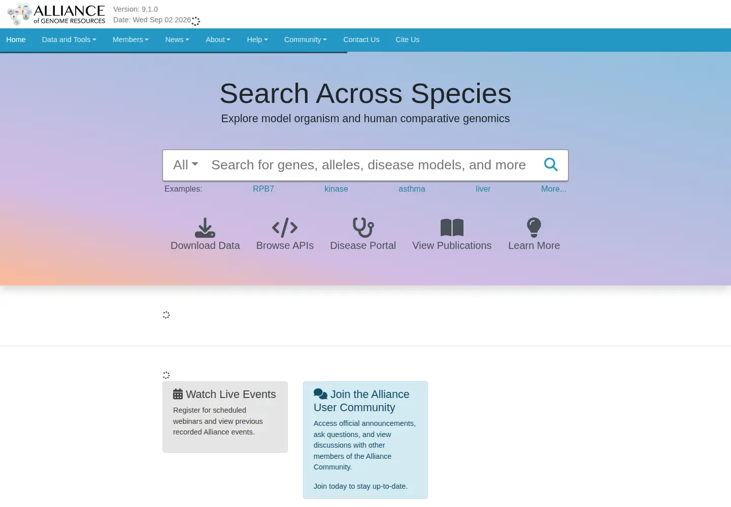 Captured homepage of alliancegenome.org in the current scan