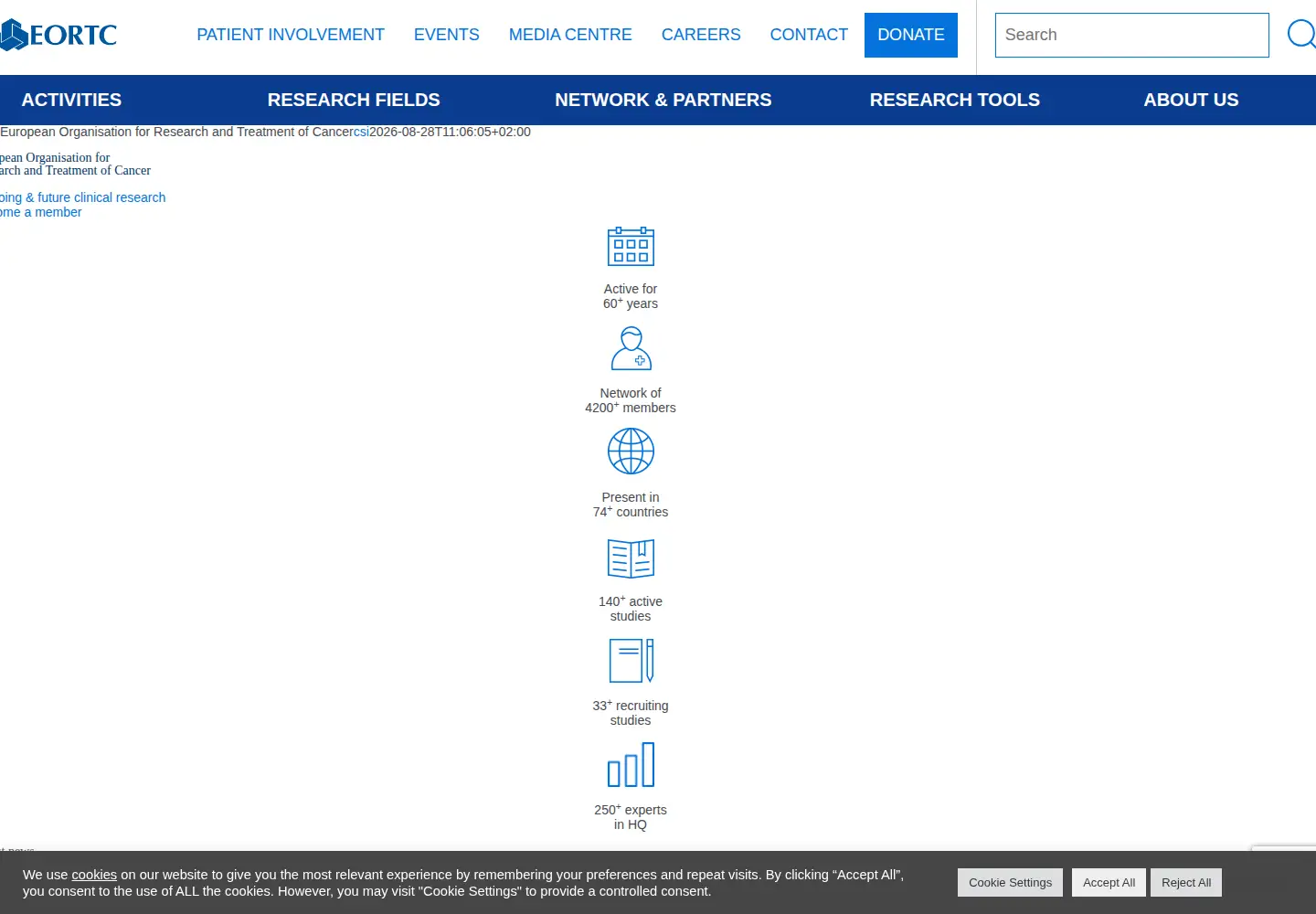 Captured homepage of eortc.org in the current scan