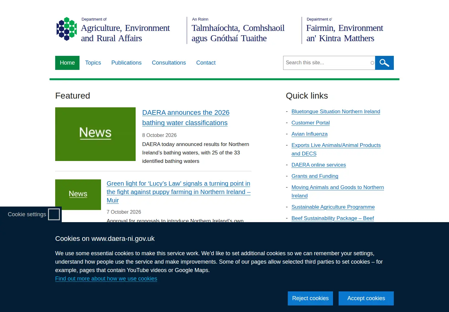 Captured homepage of daera-ni.gov.uk in the current scan