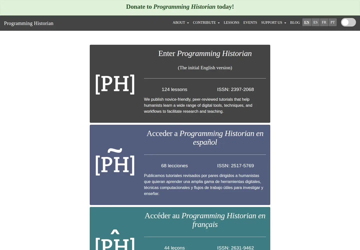 Captured homepage of programminghistorian.org in the current scan