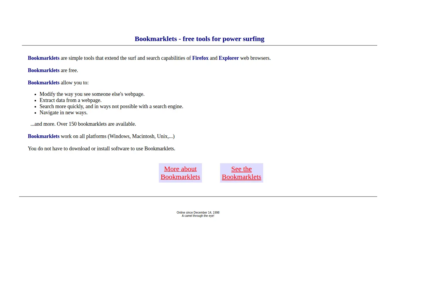 Captured homepage of bookmarklets.com in the current scan