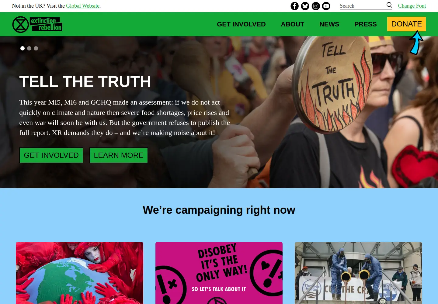 Screenshot of extinctionrebellion.uk