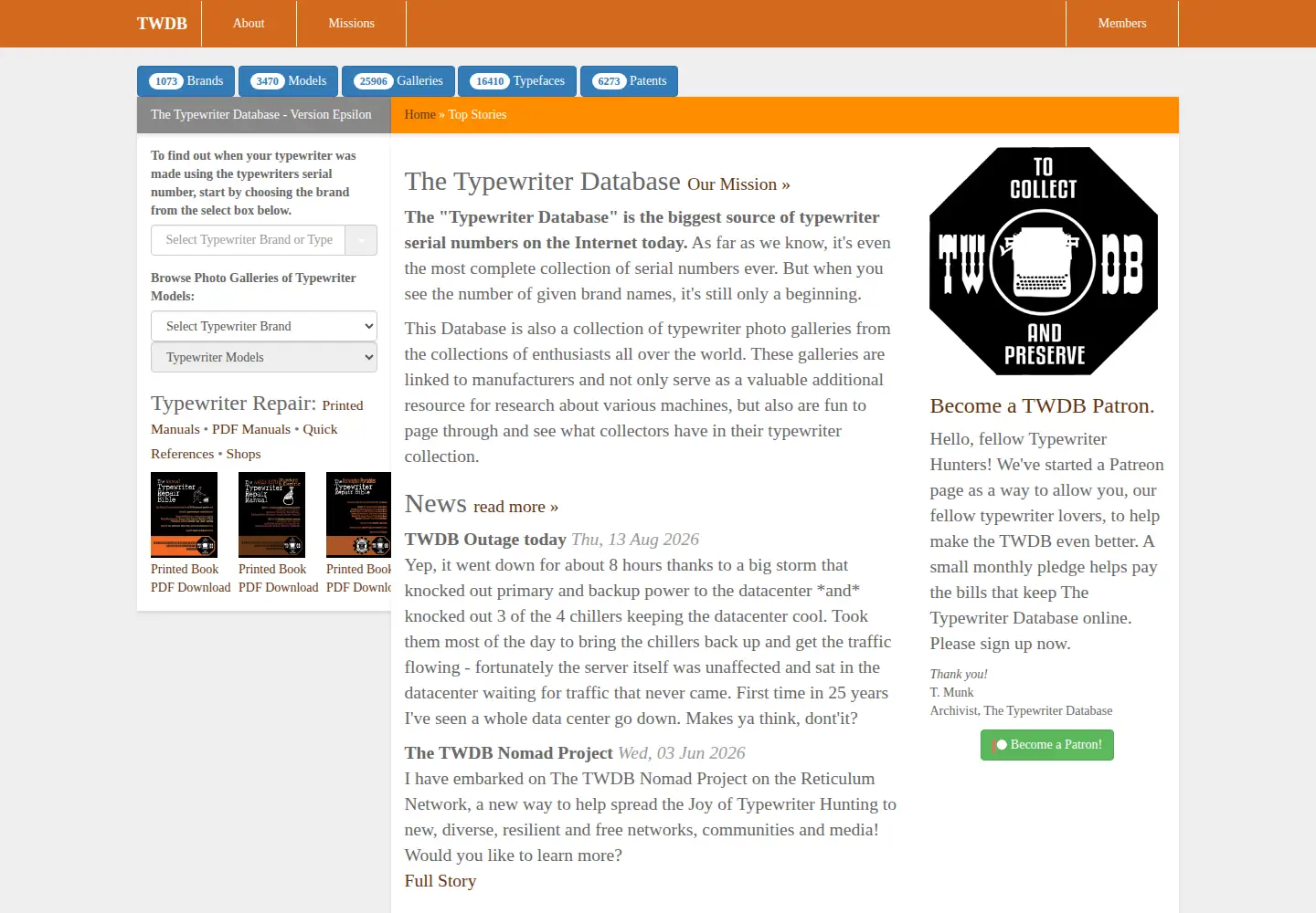 Screenshot of typewriterdatabase.com
