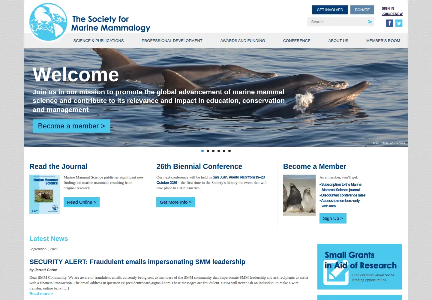 Captured homepage of marinemammalscience.org in the current scan