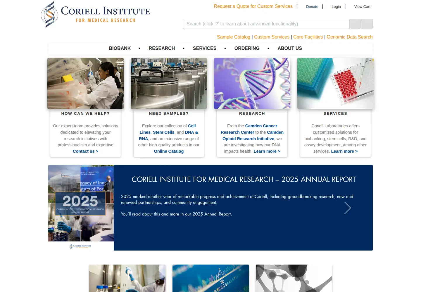 Captured homepage of coriell.org in the current scan