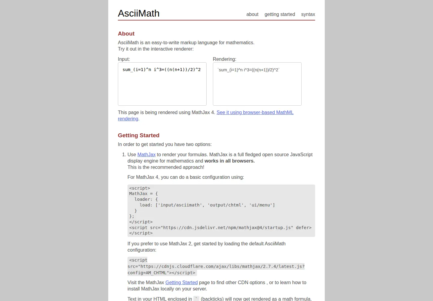 Screenshot of asciimath.org