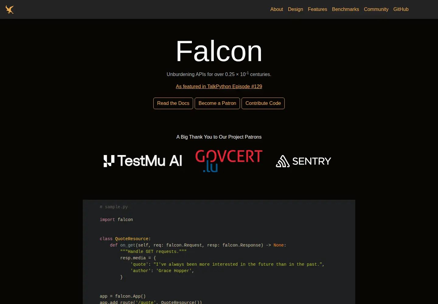 Screenshot of falconframework.org