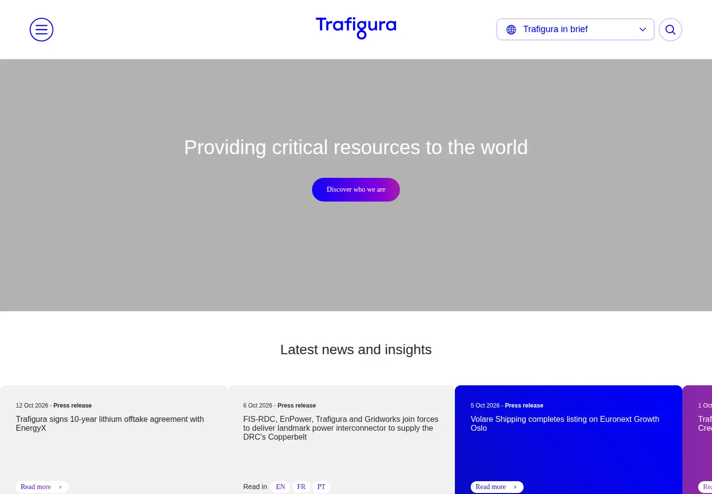 Captured homepage of trafigura.com in the current scan