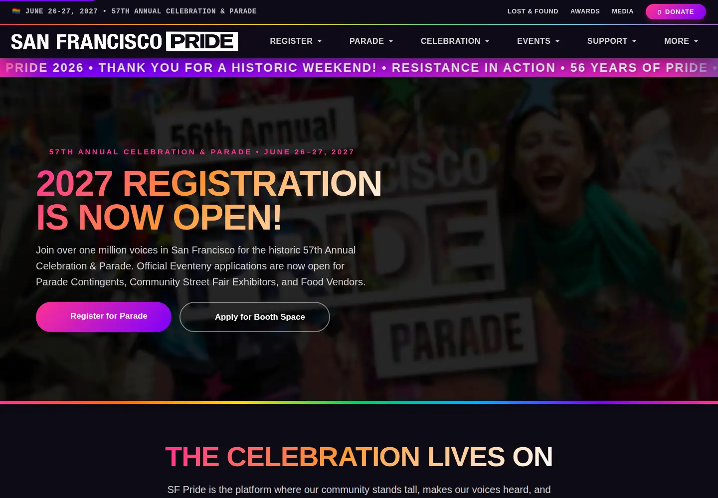 Captured homepage of sfpride.org in the current scan