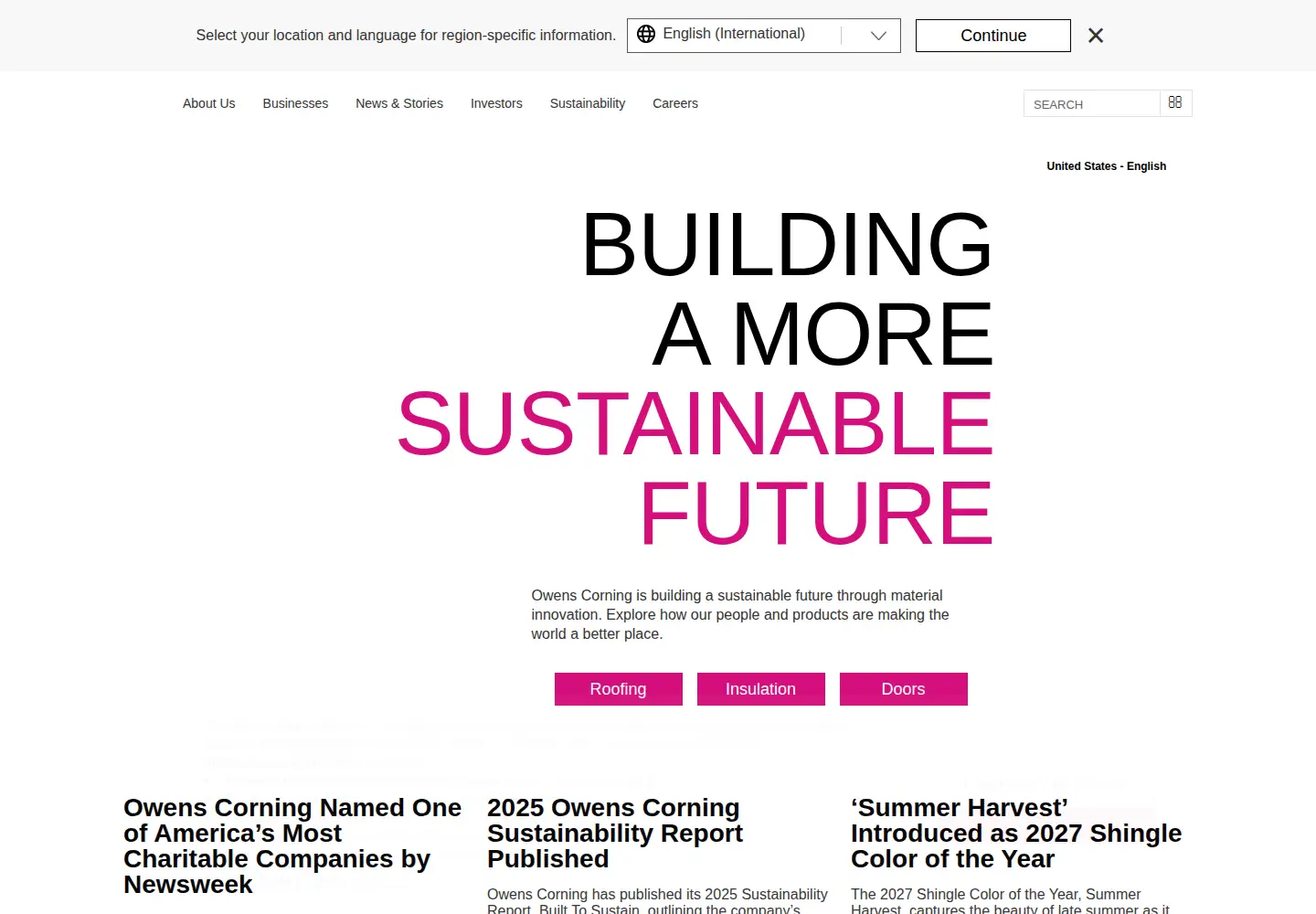 Captured homepage of owenscorning.com in the current scan