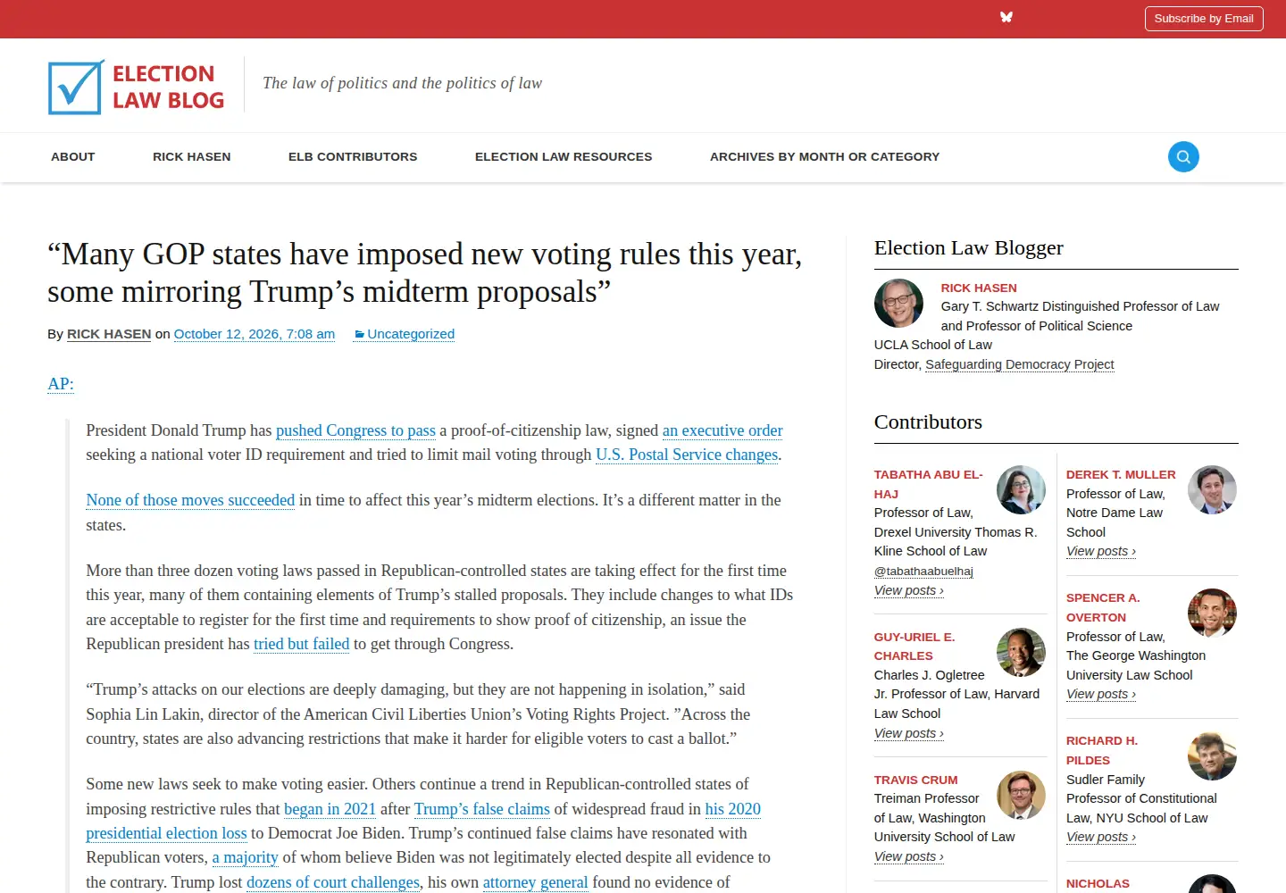 Captured homepage of electionlawblog.org in the current scan