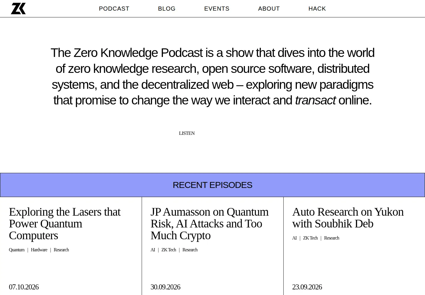 Captured homepage of zeroknowledge.fm in the current scan