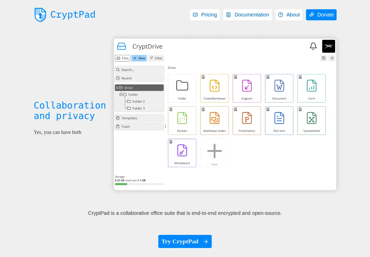Captured homepage of cryptpad.org in the current scan