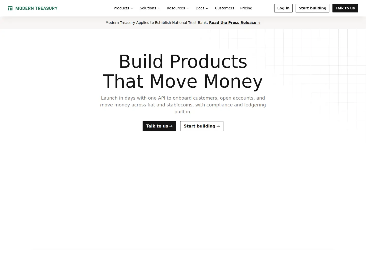 Captured homepage of moderntreasury.com in the current scan