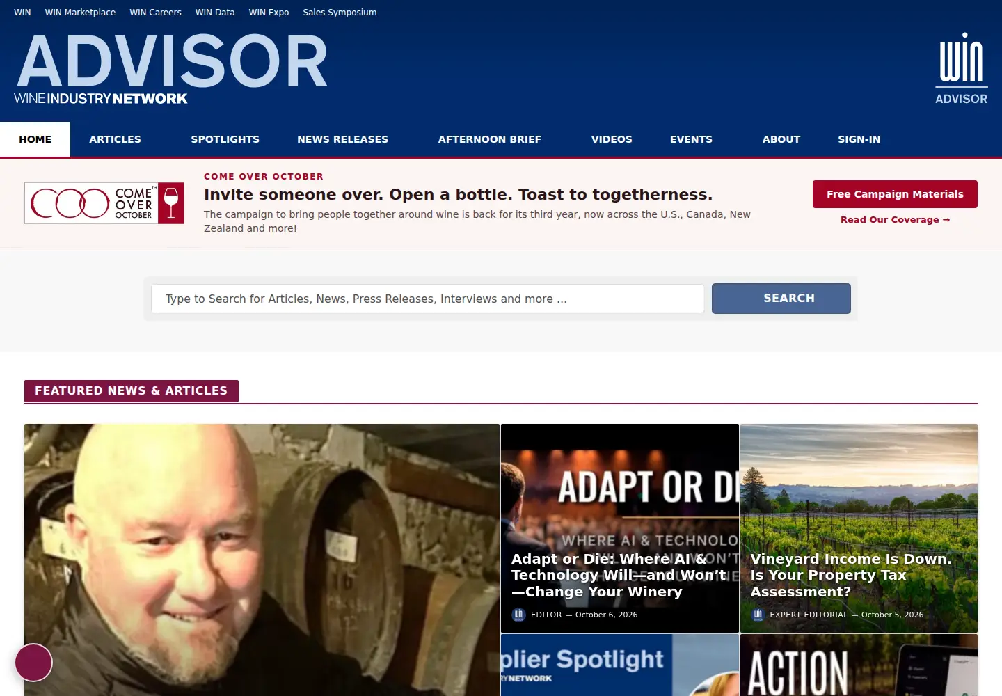 Captured homepage of wineindustryadvisor.com in the current scan