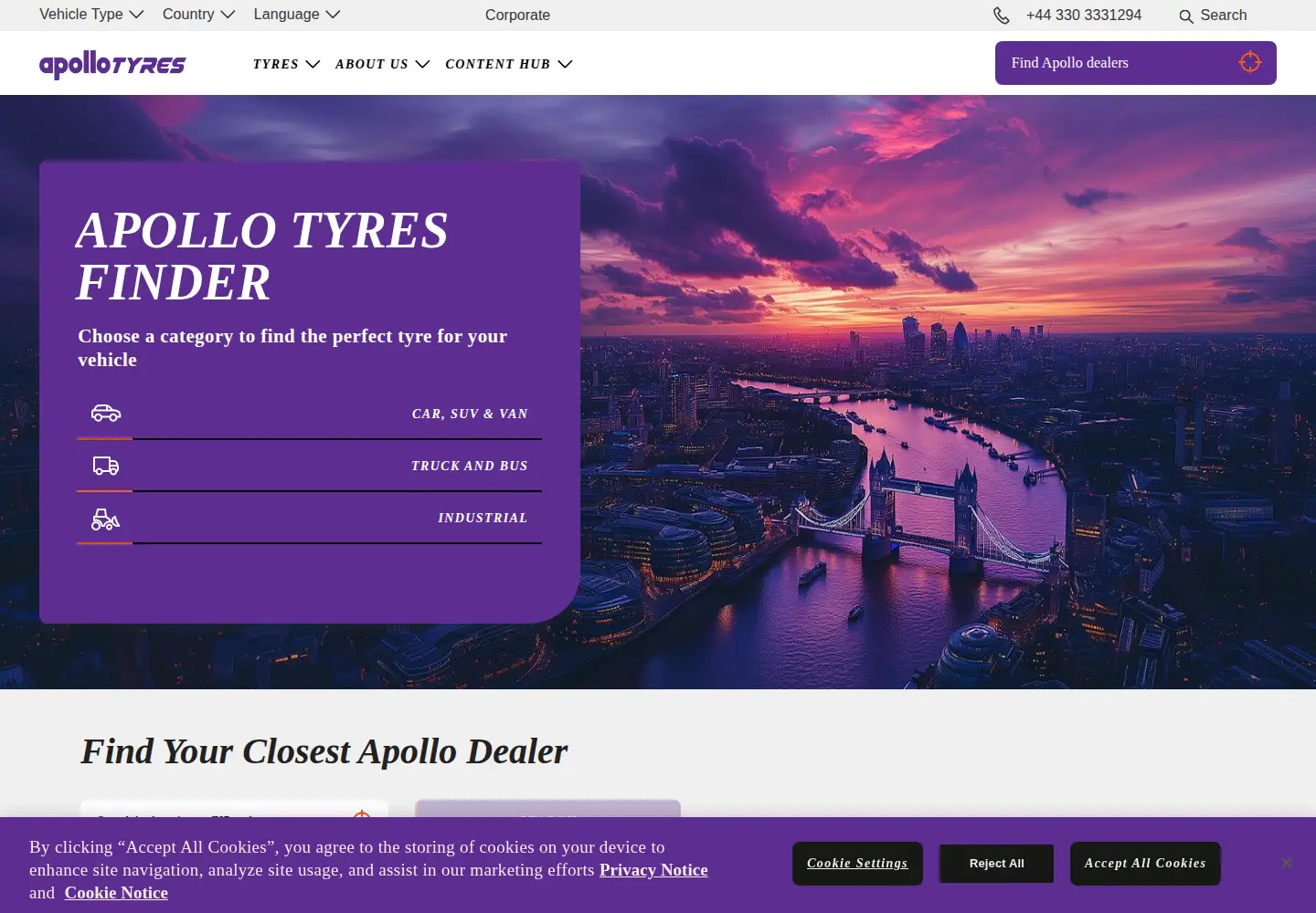 Captured homepage of apollotyres.com in the current scan
