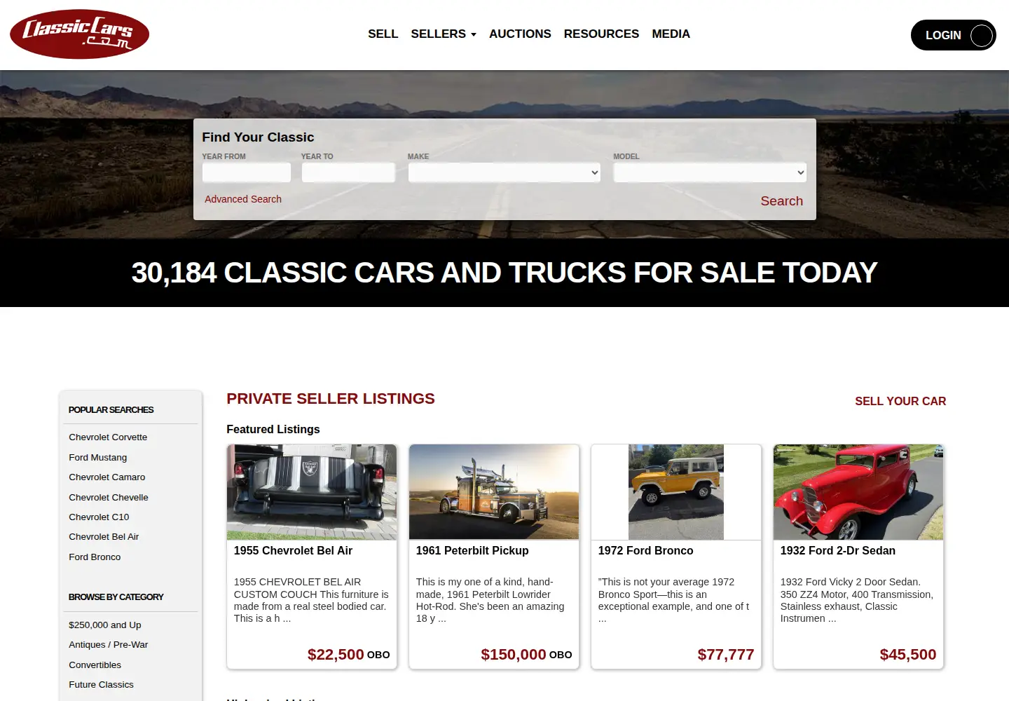 Captured homepage of classiccars.com in the current scan